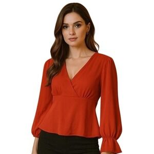 ICE Y2K‎ Elegant Coral V-Neck Wrap Blouse - Flowy Long Sleeves M